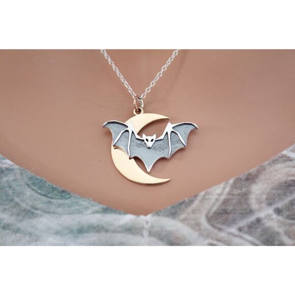 Sterling Silver Layered Bat Charm with Bronze Moon Necklace - Picture 3 of 4